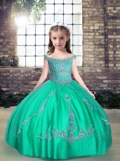 Turquoise Tulle Lace Up Kids Formal Wear Sleeveless Floor Length Beading
