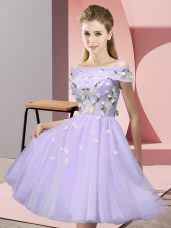 Modern Lavender Empire Appliques Bridesmaid Gown Lace Up Tulle Short Sleeves Knee Length