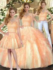 Custom Fit Floor Length Orange 15th Birthday Dress Organza Sleeveless Beading and Ruffles