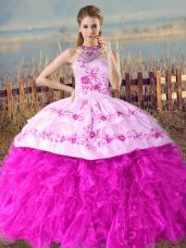 Unique Fuchsia Ball Gowns Embroidery and Ruffles Sweet 16 Quinceanera Dress Lace Up Organza Sleeveless