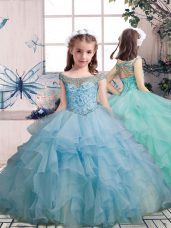 Enchanting Floor Length Light Blue Girls Pageant Dresses Scoop Sleeveless Lace Up
