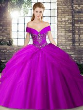 Off The Shoulder Sleeveless Tulle 15 Quinceanera Dress Beading and Pick Ups Brush Train Lace Up