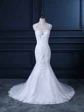 Custom Fit Scoop Sleeveless Tulle Wedding Gown Beading and Lace Brush Train Backless