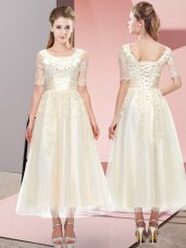 Top Selling Short Sleeves Lace Up Tea Length Beading and Lace Wedding Guest Dresses