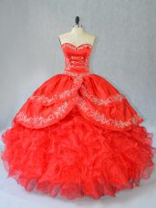 Admirable Red Ball Gowns Organza Sweetheart Sleeveless Embroidery and Ruffles Floor Length Side Zipper Quinceanera Dresses