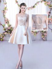 Flirting Champagne A-line Scoop Sleeveless Satin Mini Length Lace Up Lace and Belt Quinceanera Dama Dress