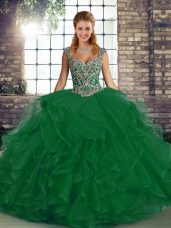 Latest Green Ball Gowns Beading and Ruffles Sweet 16 Dress Lace Up Tulle Sleeveless Floor Length
