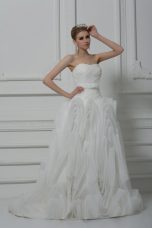 Modern Sweetheart Sleeveless Fabric With Rolling Flowers Wedding Gowns Belt Brush Train Lace Up