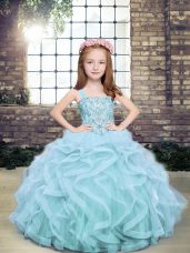 Elegant Light Blue Sleeveless Beading and Ruffles Floor Length Child Pageant Dress