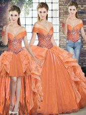 High Class Floor Length Orange Sweet 16 Quinceanera Dress Off The Shoulder Sleeveless Lace Up