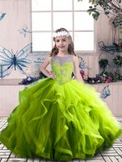 Olive Green Lace Up Evening Gowns Beading and Ruffles Sleeveless Floor Length