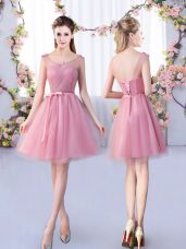 Pink Lace Up Scoop Appliques and Belt Bridesmaid Dresses Tulle Sleeveless