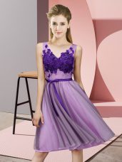 Sexy Knee Length Lavender Dama Dress for Quinceanera Tulle Sleeveless Appliques