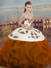 Clearance Sweetheart Sleeveless Tulle Vestidos de Quinceanera Embroidery and Ruffles and Bowknot Lace Up