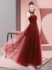 Free and Easy Halter Top Sleeveless Bridesmaid Gown Floor Length Beading and Appliques Wine Red Tulle
