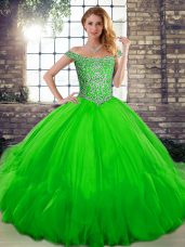 Dynamic Floor Length Green Quinceanera Dresses Tulle Sleeveless Beading and Ruffles