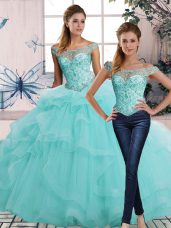Stylish Sleeveless Floor Length Beading and Ruffles Lace Up 15th Birthday Dress with Aqua Blue