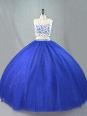 Scoop Sleeveless Quinceanera Gown Floor Length Lace Royal Blue Tulle