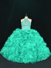 Fashion Sleeveless Organza Floor Length Lace Up Vestidos de Quinceanera in Turquoise with Beading and Ruffles