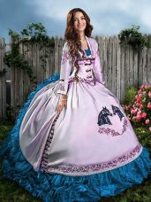 Gorgeous Blue And White Sleeveless Floor Length Embroidery Lace Up Quince Ball Gowns