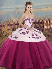 Fantastic Fuchsia Ball Gowns Tulle Sweetheart Sleeveless Embroidery and Bowknot Floor Length Lace Up Quinceanera Dress