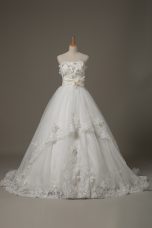 White Strapless Lace Up Lace and Appliques and Hand Made Flower Wedding Gowns Brush Train Sleeveless