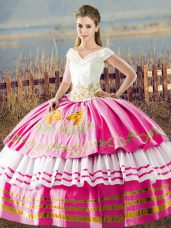 Best Hot Pink V-neck Neckline Embroidery and Ruffled Layers 15 Quinceanera Dress Sleeveless Lace Up