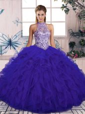Vintage Purple Sleeveless Floor Length Beading and Ruffles Lace Up Ball Gown Prom Dress