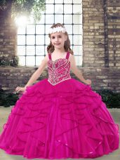 Fuchsia Ball Gowns Tulle Straps Sleeveless Beading Floor Length Lace Up Little Girl Pageant Gowns