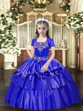 Latest Ball Gowns Kids Pageant Dress Blue Straps Taffeta Sleeveless Floor Length Lace Up