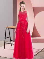Floor Length Coral Red Dress for Prom Tulle Sleeveless Beading