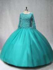 Tulle Scoop Long Sleeves Lace Up Beading 15th Birthday Dress in Turquoise