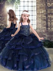 Super Beading and Ruffles Little Girl Pageant Gowns Navy Blue Lace Up Sleeveless Floor Length