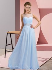 Captivating Sleeveless Chiffon Floor Length Backless Prom Dress in Blue with Beading
