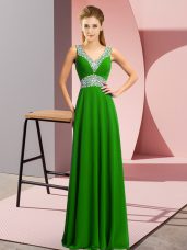 Green Lace Up V-neck Beading Evening Gowns Chiffon Sleeveless