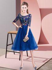 Elegant Royal Blue Lace Up Scoop Embroidery Wedding Guest Dresses Tulle Half Sleeves