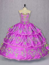 Chic Lilac Satin and Organza Lace Up 15th Birthday Dress Sleeveless Floor Length Embroidery and Ruffled Layers