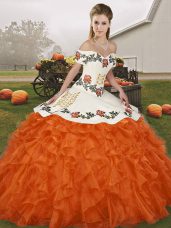 Traditional Orange Red Organza Lace Up Off The Shoulder Sleeveless Floor Length Sweet 16 Dresses Embroidery and Ruffles