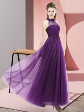 Admirable Dark Purple Halter Top Lace Up Beading and Appliques Vestidos de Damas Sleeveless