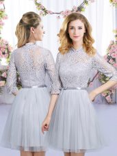 Unique Tulle High-neck Half Sleeves Zipper Lace and Belt Bridesmaids Dress in Grey