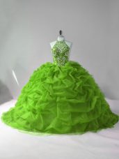 Unique Court Train Ball Gowns Sweet 16 Dress Green Halter Top Organza Sleeveless Lace Up