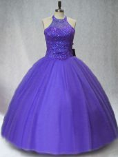 Nice Purple Halter Top Neckline Beading Ball Gown Prom Dress Sleeveless Lace Up