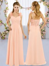 Empire Damas Dress Peach Straps Chiffon Sleeveless Floor Length Lace Up