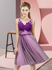 Empire Bridesmaid Dress Lilac V-neck Tulle Sleeveless Knee Length Lace Up