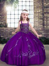 Purple Ball Gowns Tulle Straps Sleeveless Beading Floor Length Lace Up Kids Formal Wear