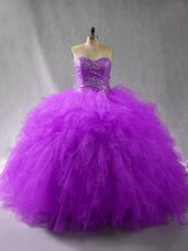 Tulle Sweetheart Sleeveless Lace Up Beading and Ruffles Ball Gown Prom Dress in Purple
