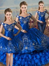Royal Blue Lace Up Off The Shoulder Embroidery and Ruffled Layers Ball Gown Prom Dress Satin and Organza Sleeveless