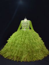 Superior Olive Green V-neck Neckline Ruffled Layers Quinceanera Gowns Long Sleeves Lace Up