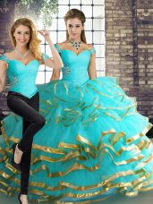 Shining Floor Length Aqua Blue Quinceanera Gowns Off The Shoulder Sleeveless Lace Up