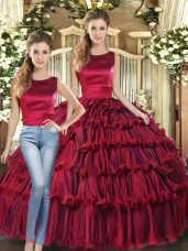 Top Selling Wine Red Lace Up Scoop Ruffled Layers Quince Ball Gowns Organza Sleeveless